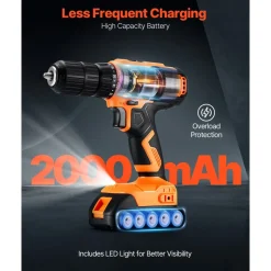 VEVOR Cordless Drill Driver, 1/2 inch Metal Chuck, Dual-Speed Variable, Drill Driver Kit with Lithium Battery and Charger, Belt Clip, for Wood and Metal Drilling, Screw Tightening or Loosening