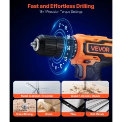 VEVOR Cordless Drill Driver, 1/2 inch Metal Chuck, Dual-Speed Variable, Drill Driver Kit with Lithium Battery and Charger, Belt Clip, for Wood and Metal Drilling, Screw Tightening or Loosening