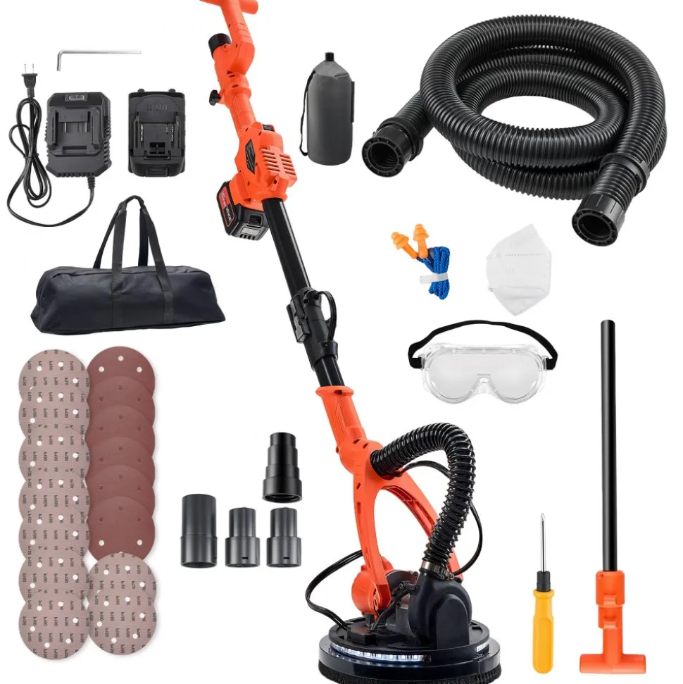 VEVOR Cordless Drywall Sander, 450W Electric Sander, Popcorn Ceiling Removal Tool with Vacuum Dust Collection, 7 Variable Speed 0-1600 RPM, LED Light, Foldable & Extendable Handle, 15 Sanding Discs