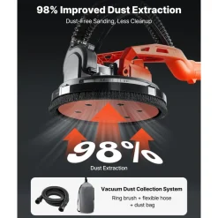 VEVOR Cordless Drywall Sander, 450W Electric Sander, Popcorn Ceiling Removal Tool with Vacuum Dust Collection, 7 Variable Speed 0-1600 RPM, LED Light, Foldable & Extendable Handle, 15 Sanding Discs