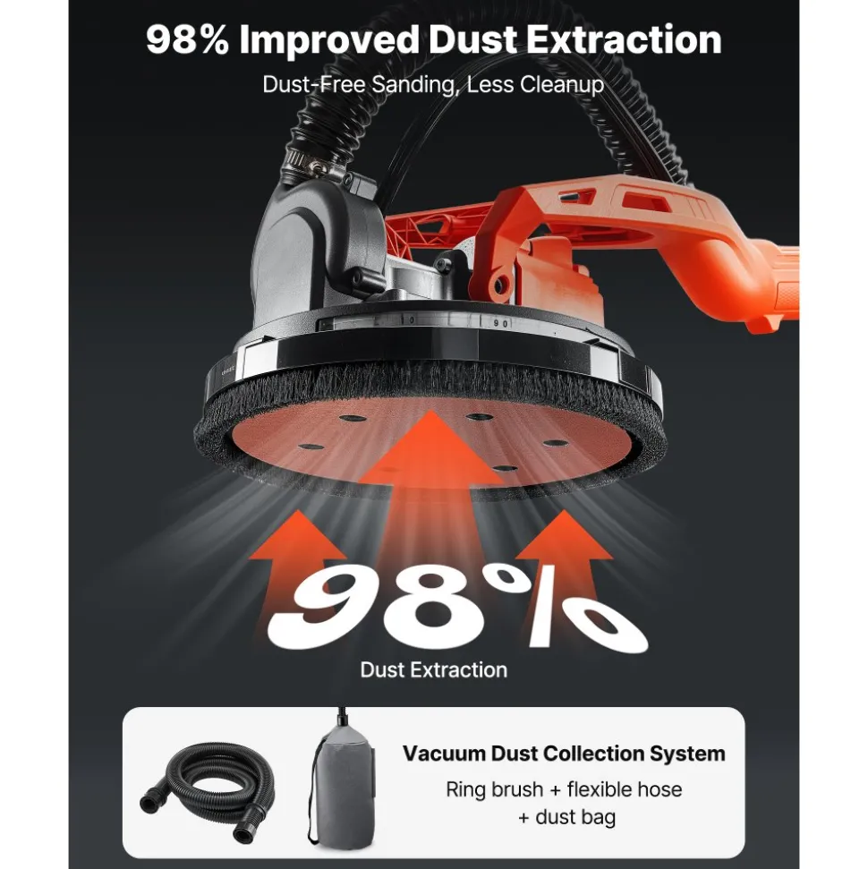 VEVOR Cordless Drywall Sander, 450W Electric Sander, Popcorn Ceiling Removal Tool with Vacuum Dust Collection, 7 Variable Speed 0-1600 RPM, LED Light, Foldable & Extendable Handle, 15 Sanding Discs