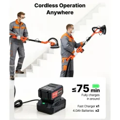 VEVOR Cordless Drywall Sander, 450W Electric Sander, Popcorn Ceiling Removal Tool with Vacuum Dust Collection, 7 Variable Speed 0-1600 RPM, LED Light, Foldable & Extendable Handle, 15 Sanding Discs