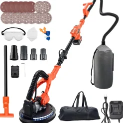 VEVOR Cordless Drywall Sander, 450W Electric Sander, Popcorn Ceiling Removal Tool with Vacuum Dust Collection, 7 Variable Speed 0-1600 RPM, LED Light, Foldable & Extendable Handle, 15 Sanding Discs