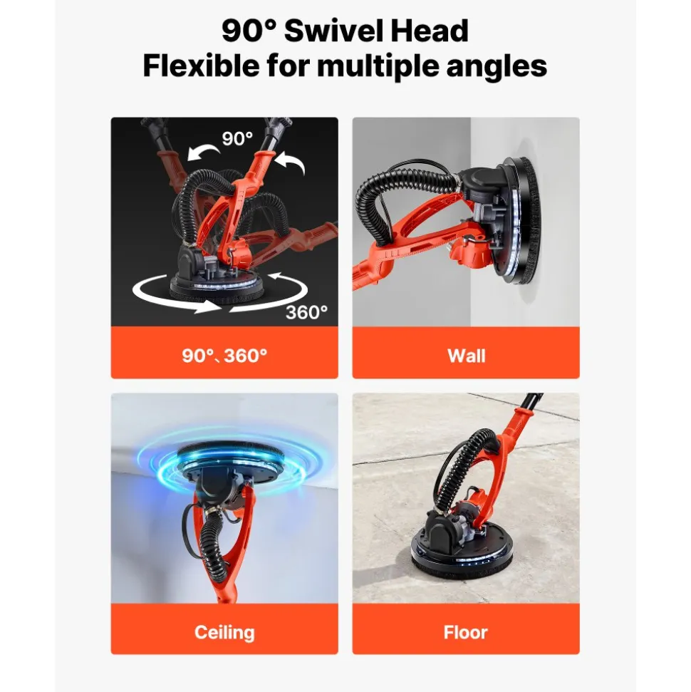 VEVOR Cordless Drywall Sander, 450W Electric Sander, Popcorn Ceiling Removal Tool with Vacuum Dust Collection, 7 Variable Speed 0-1600 RPM, LED Light, Foldable & Extendable Handle, 15 Sanding Discs