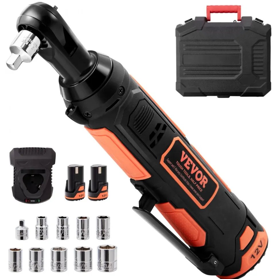 VEVOR 3/8" Cordless Electric Ratchet Wrench Set, 12V 33 Ft-lbs Power Ratchet Tool Kit, 45-Min Fast Charge, 2-Pack 2.0Ah Battery, Built-in LED Light, Variable Speed Trigger, 10 Sockets
