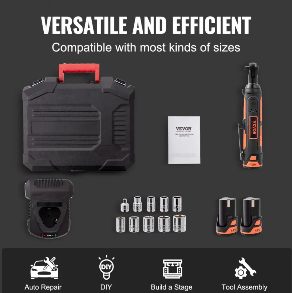 VEVOR 3/8" Cordless Electric Ratchet Wrench Set, 12V 33 Ft-lbs Power Ratchet Tool Kit, 45-Min Fast Charge, 2-Pack 2.0Ah Battery, Built-in LED Light, Variable Speed Trigger, 10 Sockets