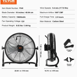 VEVOR Cordless Fan 16 in, Portable Quiet Personal Fan for Home or Office, 360 Degree Manual Pivoting Head, Stepless Speed Regulation High Velocity Cordless Fan, Heavy Duty Metal Industrial Floor Fans