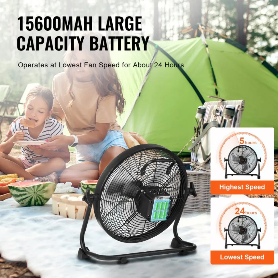 VEVOR Cordless Fan 12 in, Portable Quiet Personal Fan for Home or Office, 360 Degree Manual Pivoting Head, Stepless Speed Regulation High Velocity Cordless Fan, Heavy Duty Metal Industrial Floor Fans