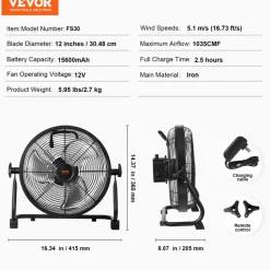 VEVOR Cordless Fan 12 in, Portable Quiet Personal Fan for Home or Office, 360 Degree Manual Pivoting Head, Stepless Speed Regulation High Velocity Cordless Fan, Heavy Duty Metal Industrial Floor Fans