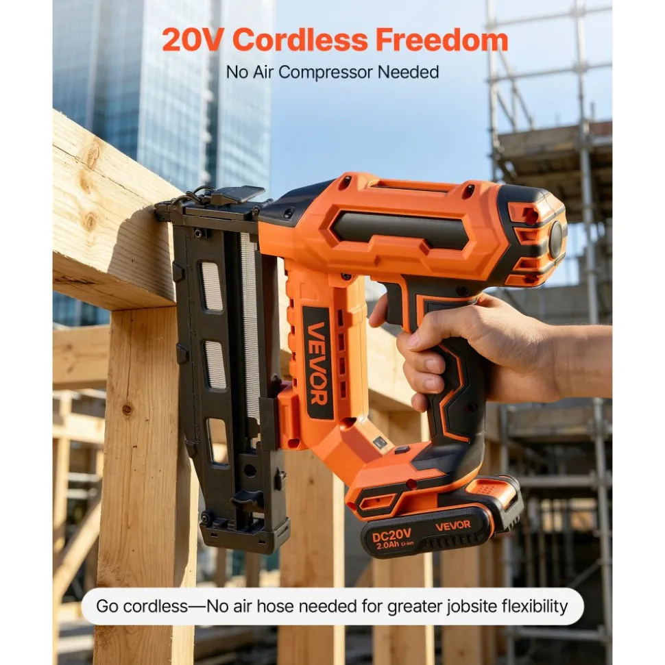 VEVOR Cordless Finish Nailer 20V 16GA Straight Cordless Nailer with Battery, Drives 1-1/4" to 2-1/2" Nails, with 1500 Nails, 2.0Ah Lithium-Ion Battery and Charger, with Ergonomic Handle, Lightweight