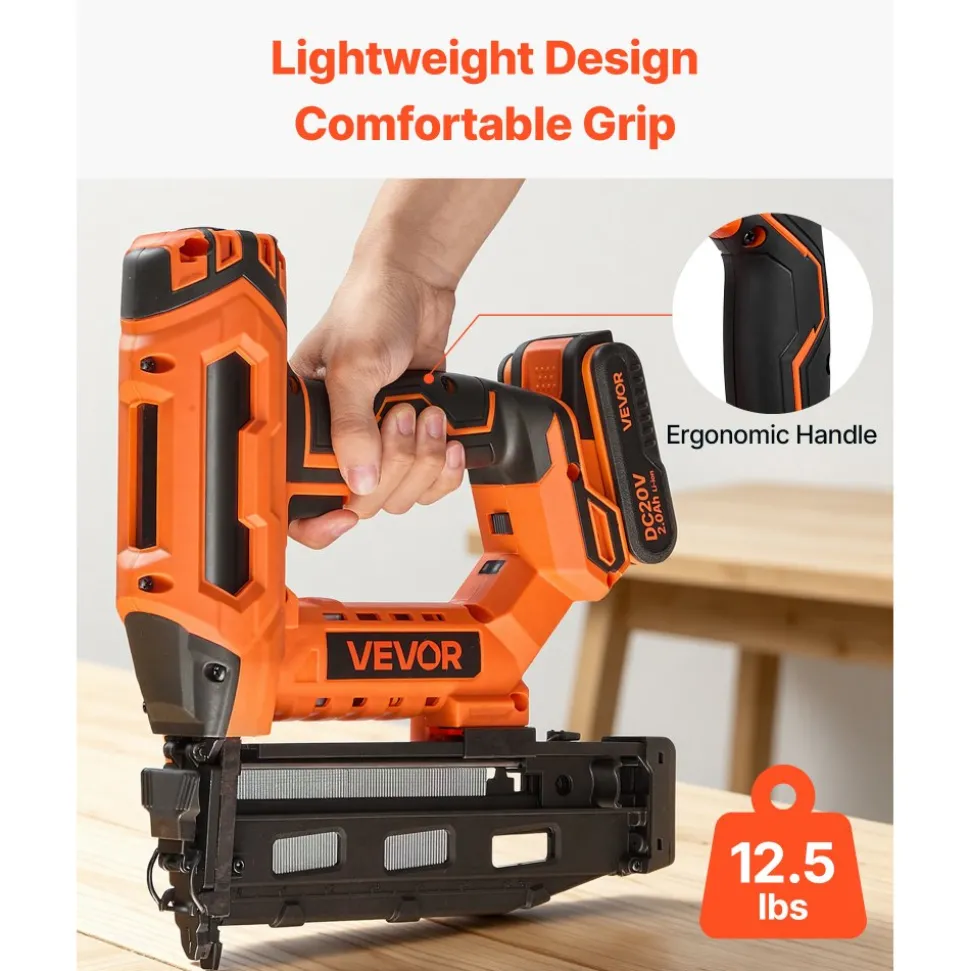VEVOR Cordless Finish Nailer 20V 16GA Straight Cordless Nailer with Battery, Drives 1-1/4" to 2-1/2" Nails, with 1500 Nails, 2.0Ah Lithium-Ion Battery and Charger, with Ergonomic Handle, Lightweight