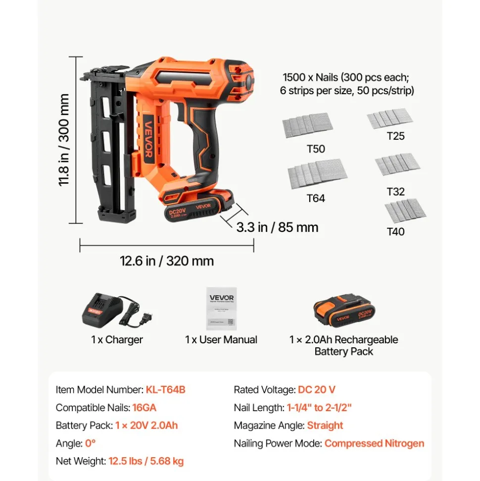 VEVOR Cordless Finish Nailer 20V 16GA Straight Cordless Nailer with Battery, Drives 1-1/4" to 2-1/2" Nails, with 1500 Nails, 2.0Ah Lithium-Ion Battery and Charger, with Ergonomic Handle, Lightweight