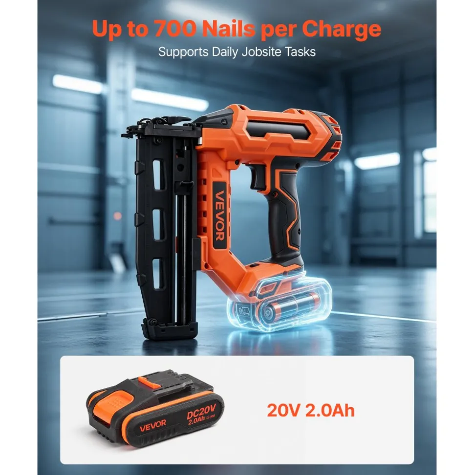 VEVOR Cordless Finish Nailer 20V 16GA Straight Cordless Nailer with Battery, Drives 1-1/4" to 2-1/2" Nails, with 1500 Nails, 2.0Ah Lithium-Ion Battery and Charger, with Ergonomic Handle, Lightweight