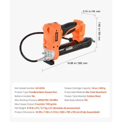 VEVOR Cordless Grease Gun, 8000 PSI Max Pressure, Battery Operated Grease Gun with LED Light & 35.4-inch Long Hose, Compatible with 18V Makita Batteries, For Greasing Vehicles or Machines(Tool Only)