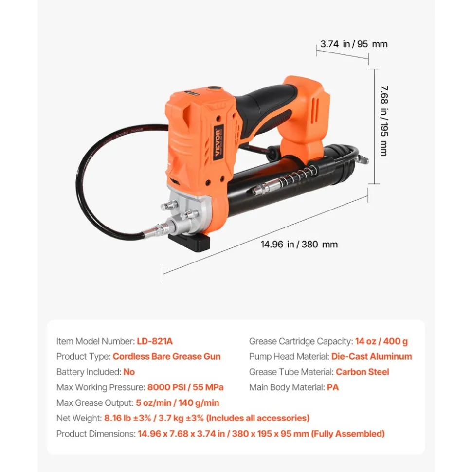 VEVOR Cordless Grease Gun, 8000 PSI Max Pressure, Battery Operated Grease Gun with LED Light & 35.4-inch Long Hose, Compatible with 18V Makita Batteries, For Greasing Vehicles or Machines(Tool Only)
