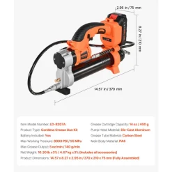 VEVOR Cordless Grease Gun, 8000 PSI Max Pressure, 20V Electric Grease Gun with 2.0 Ah Battery & LED Light, 30-inch Long Hose & Carrying Case, Variable Speed Triggers, Vehicles or Machines Greasing