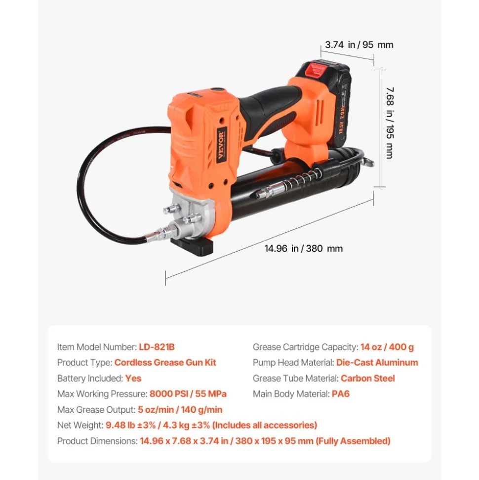 VEVOR Cordless Grease Gun, 8000 PSI Max Pressure, 20V Electric Grease Gun with 2.0 Ah Battery & LED Light, 35.4-inch Long Hose & Carrying Case, Variable Speed Triggers, Vehicles or Machines Greasing