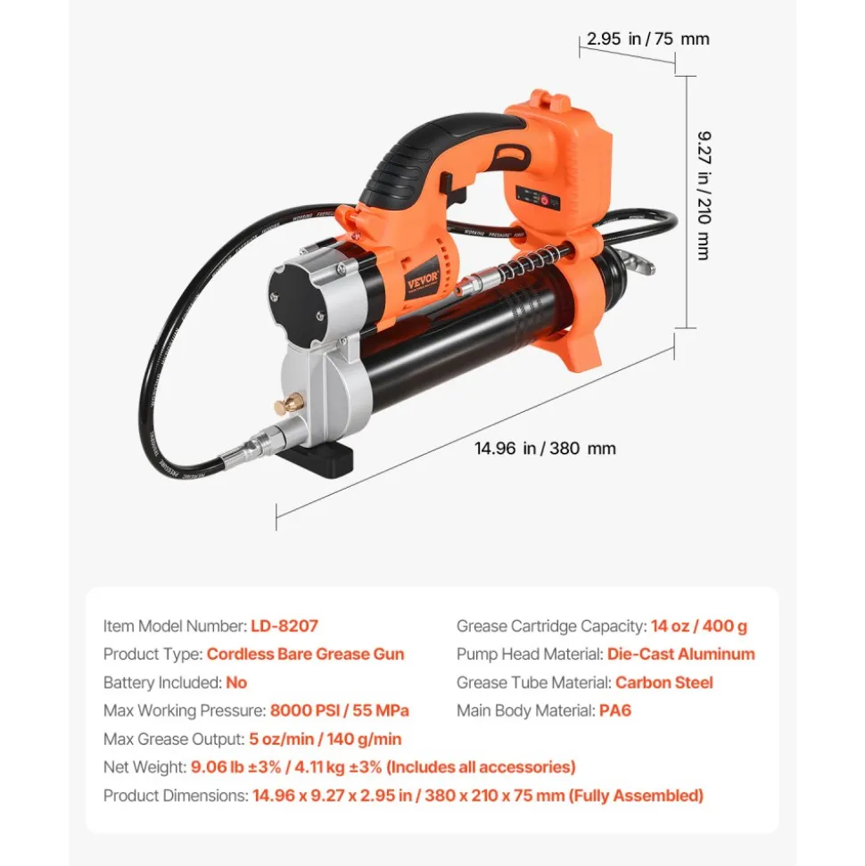 VEVOR Cordless Grease Gun, 8000 PSI Max Pressure, Electric Grease Gun with LED Light & 35.4-inch Long Hose, Compatible with 18V Makita Batteries, Suitable for Greasing Vehicles or Machines(Tool Only)