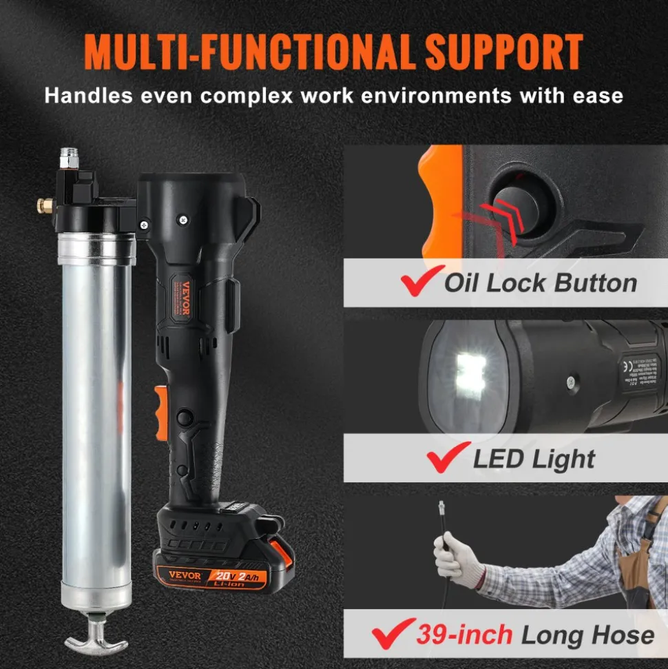 VEVOR Cordless Grease Gun, 20-Volt, 10,000 PSI, 39" Long Hose, Electric Grease Gun Kit Professional High Pressure Battery Powered Grease Gun with Carrying Case, Two Batteries & Charger Included, Black