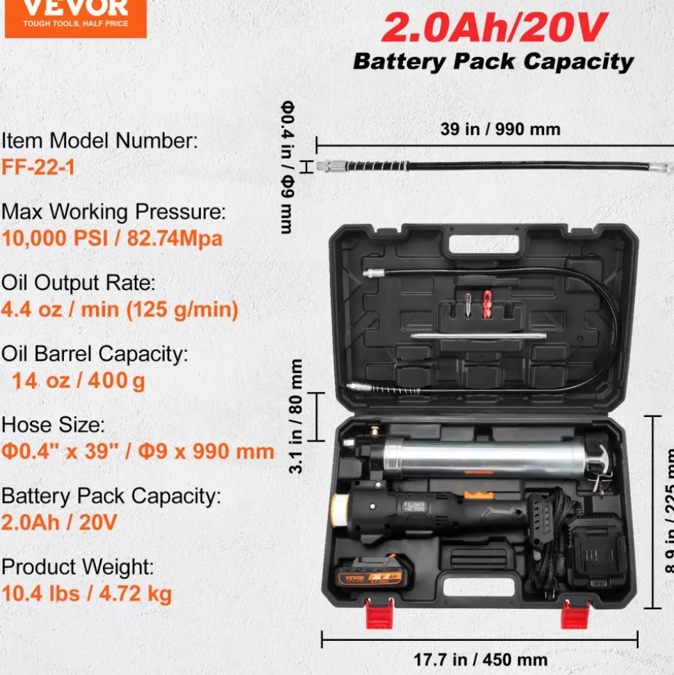 VEVOR Cordless Grease Gun, 20-Volt, 10,000 PSI, 39" Long Hose, Electric Grease Gun Kit Professional High Pressure Battery Powered Grease Gun with Carrying Case, Battery and Charger Included, Black