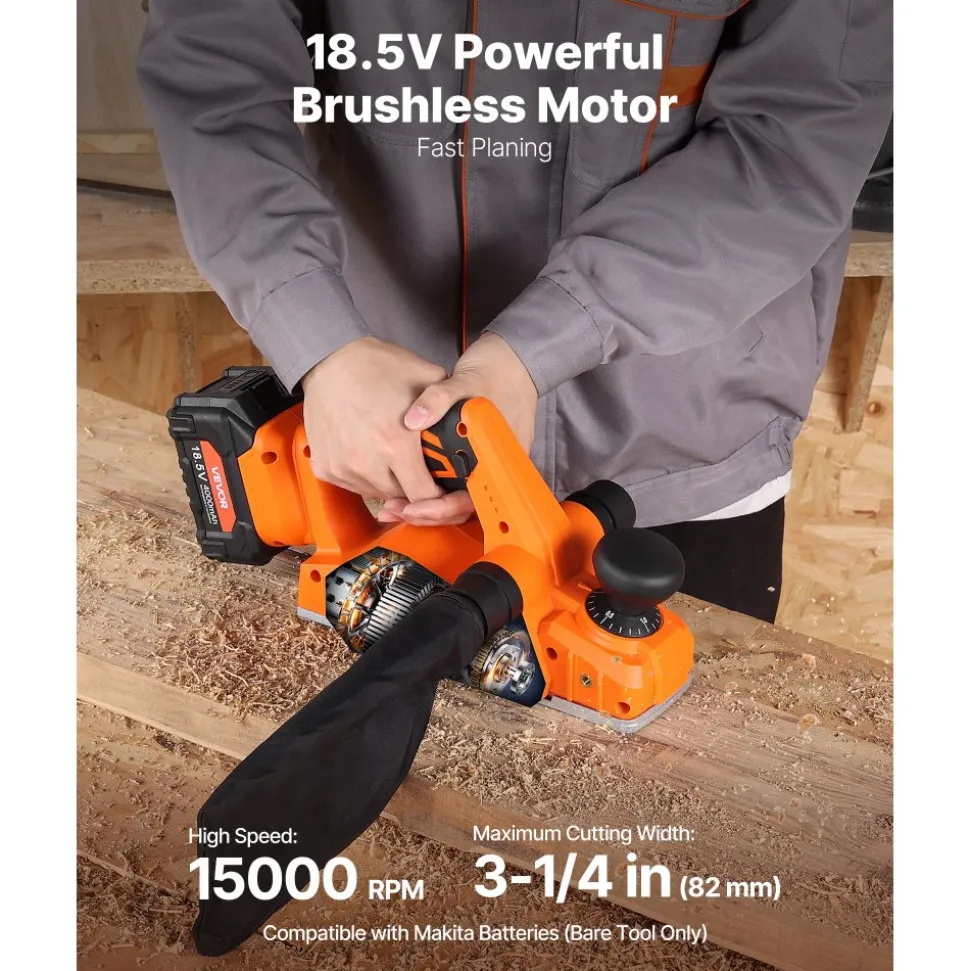 VEVOR Cordless Handheld Planer, 3-1/4-Inch Cut Width, 15000 RPM Electric Hand Wood Planer with Brushless Motor, Adjustable Cut Depth for Woodworking, Compatible with VEVOR 18V Battery (Bare Tool Only)