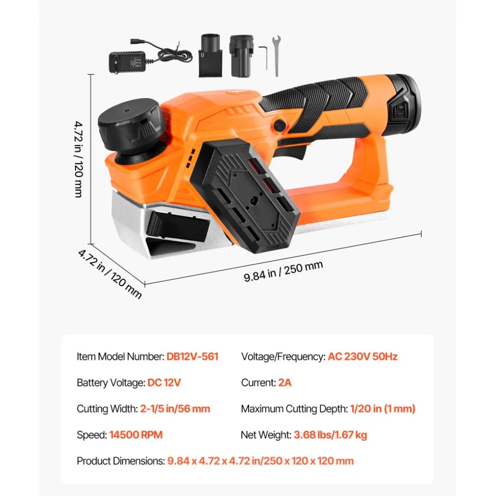 VEVOR Cordless Handheld Planer, 2-1/5-Inch Cut Width, 14500 RPM Electric Hand Wood Planer with 2 Ah 12V Lithium Battery, Brushless Motor, Adjustable Cut Depth, 2 Blades, for Woodworking Wood Chamfer