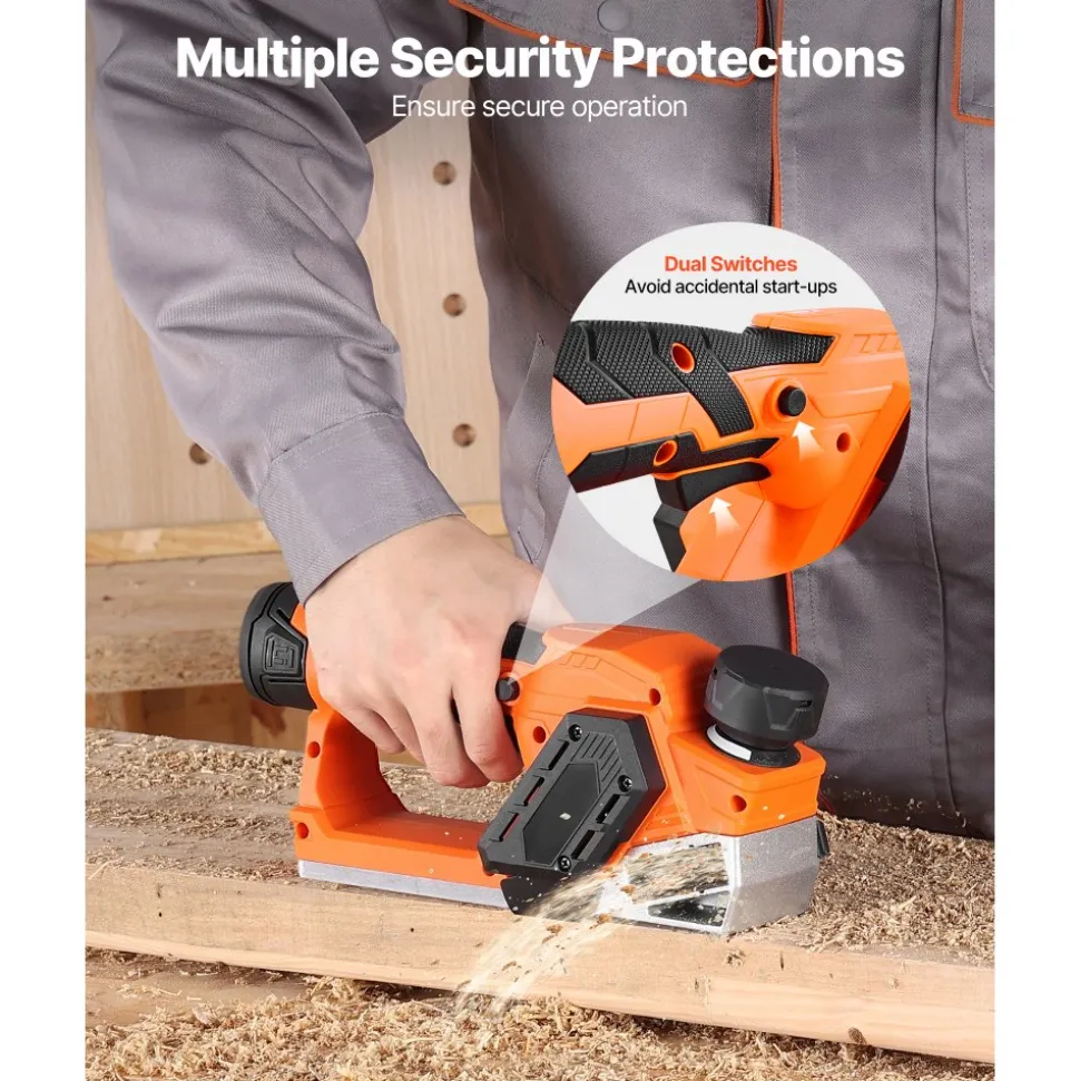 VEVOR Cordless Handheld Planer, 2-1/5-Inch Cut Width, 14500 RPM Electric Hand Wood Planer with 2 Ah 12V Lithium Battery, Brushless Motor, Adjustable Cut Depth, 2 Blades, for Woodworking Wood Chamfer