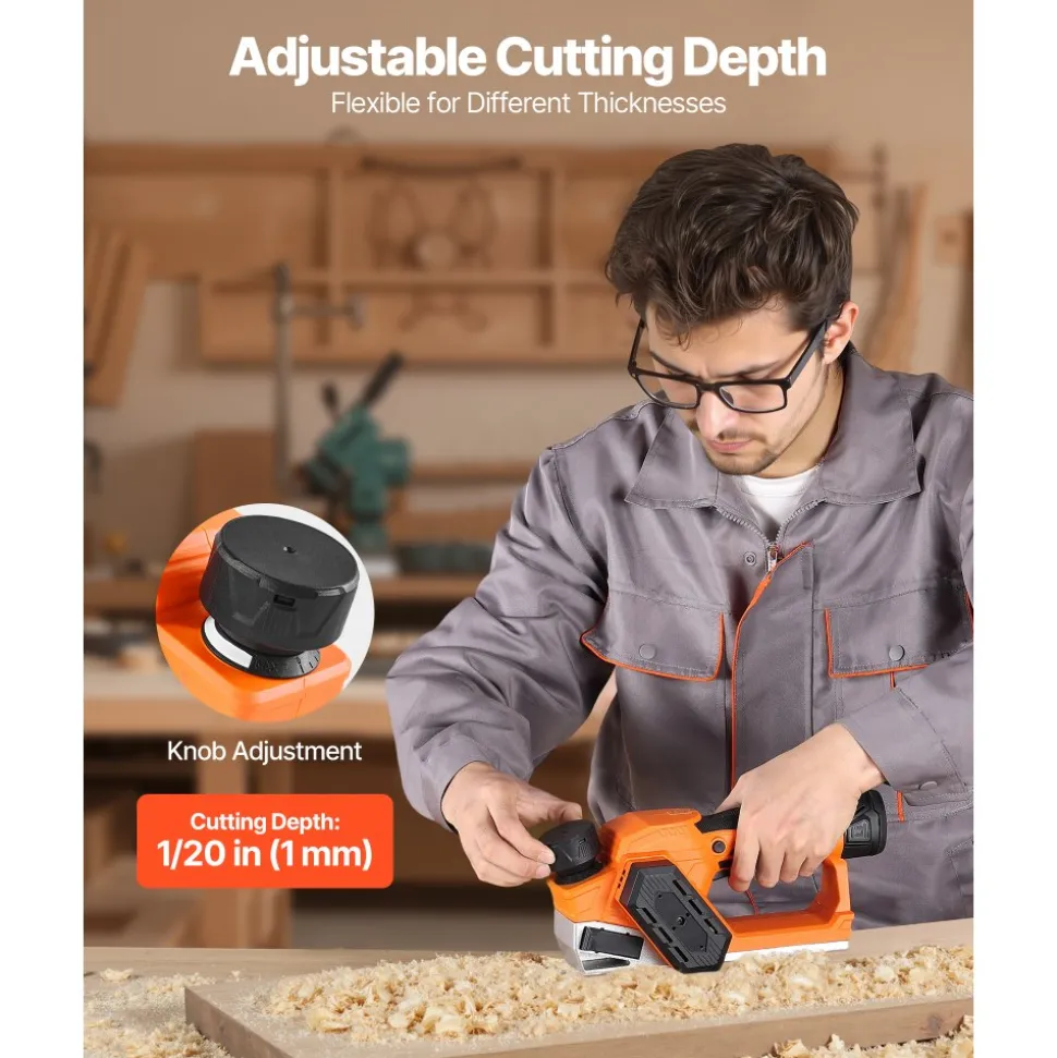 VEVOR Cordless Handheld Planer, 2-1/5-Inch Cut Width, 14500 RPM Electric Hand Wood Planer with 2 Ah 12V Lithium Battery, Brushless Motor, Adjustable Cut Depth, 2 Blades, for Woodworking Wood Chamfer