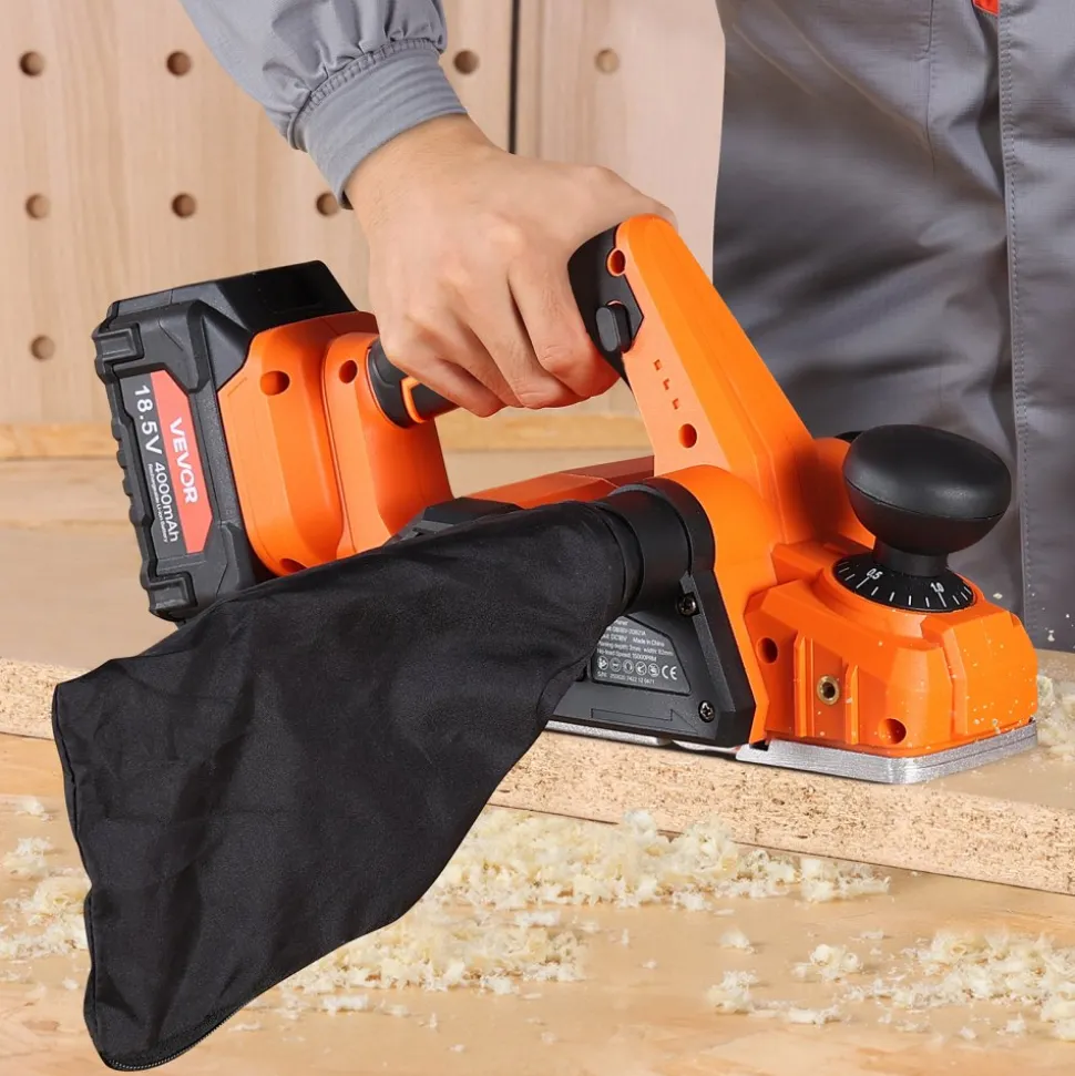VEVOR Cordless Handheld Planer, 3-1/4-Inch Cut Width, 15000 RPM Electric Hand Wood Planer with 4.0 Ah 18V Lithium Battery, Brushless Motor, Adjustable Cut Depth, Dust Collection Bag, for Woodworking