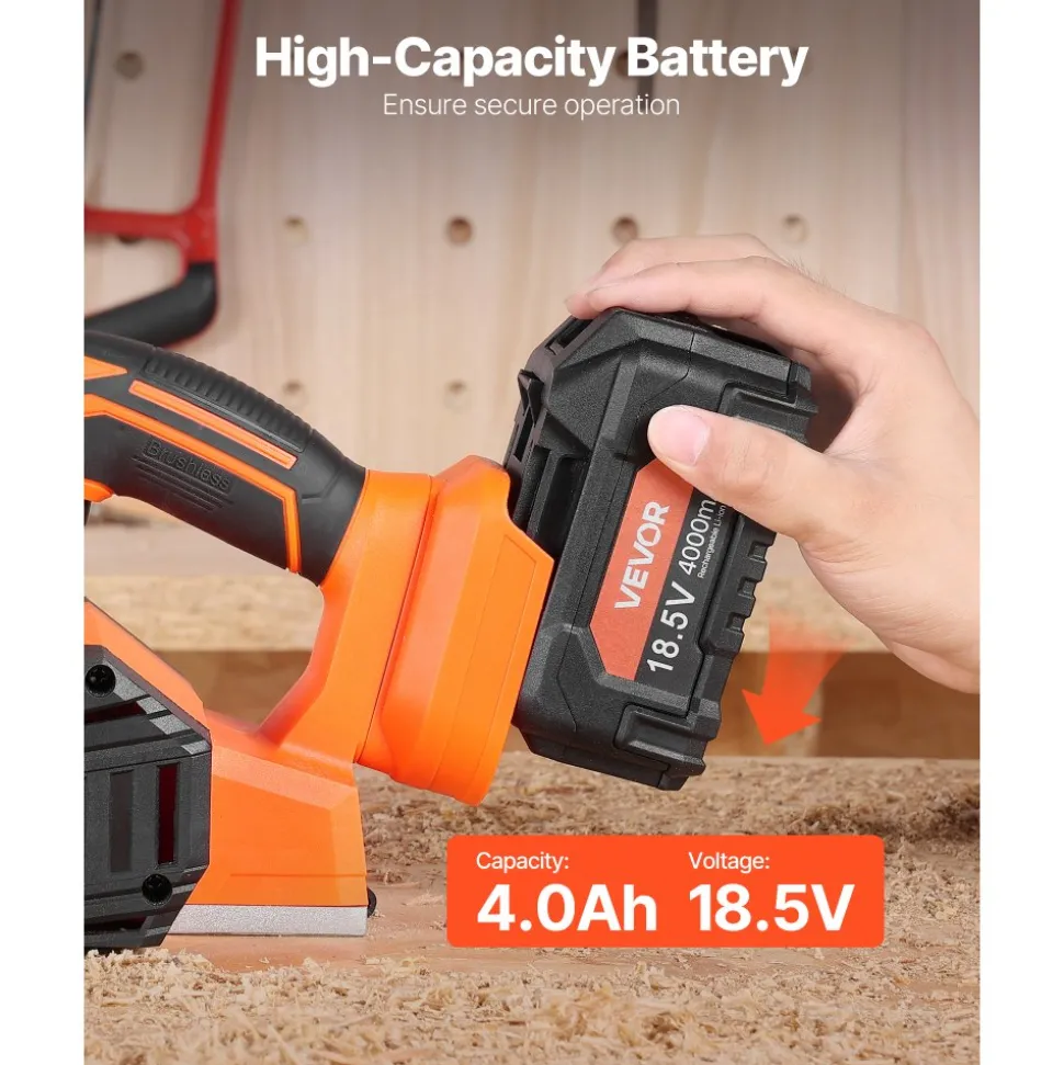 VEVOR Cordless Handheld Planer, 3-1/4-Inch Cut Width, 15000 RPM Electric Hand Wood Planer with 4.0 Ah 18V Lithium Battery, Brushless Motor, Adjustable Cut Depth, Dust Collection Bag, for Woodworking