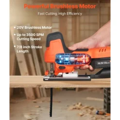VEVOR Cordless Jig Saw, 20 V Brushless Motor, 3500 SPM Blade Speed, Cordless Jigsaw with 6 pcs Blades, LED Light, 6 Variable Speed, 0- 45° Bevel Cuts, 4 Orbital Settings for Straight/Circle Cutting