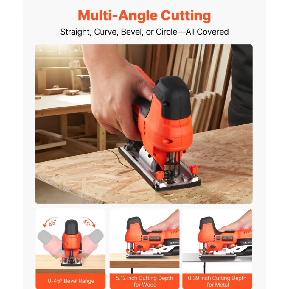 VEVOR Cordless Jig Saw, 20 V Brushless Motor, 3500 SPM Blade Speed, Cordless Jigsaw with 6 pcs Blades, LED Light, 6 Variable Speed, 0- 45° Bevel Cuts, 4 Orbital Settings for Straight/Circle Cutting