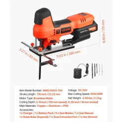 VEVOR Cordless Jig Saw, 20 V Brushless Motor, 3500 SPM Blade Speed, Cordless Jigsaw with 6 pcs Blades, LED Light, 6 Variable Speed, 0- 45° Bevel Cuts, 4 Orbital Settings for Straight/Circle Cutting