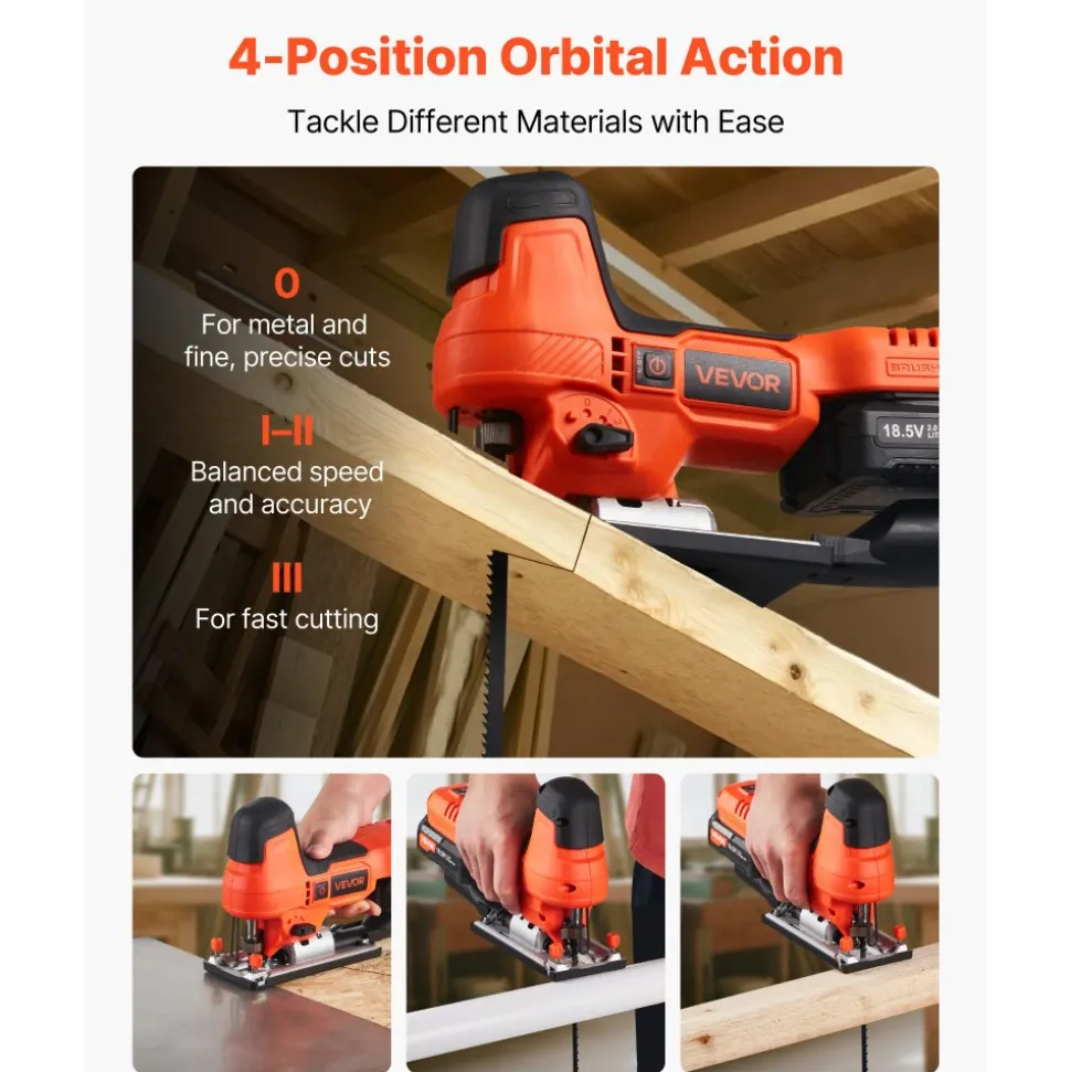 VEVOR Cordless Jig Saw, 20 V Brushless Motor, 3500 SPM Blade Speed, Cordless Jigsaw with 6 pcs Blades, LED Light, 6 Variable Speed, 0- 45° Bevel Cuts, 4 Orbital Settings for Straight/Circle Cutting