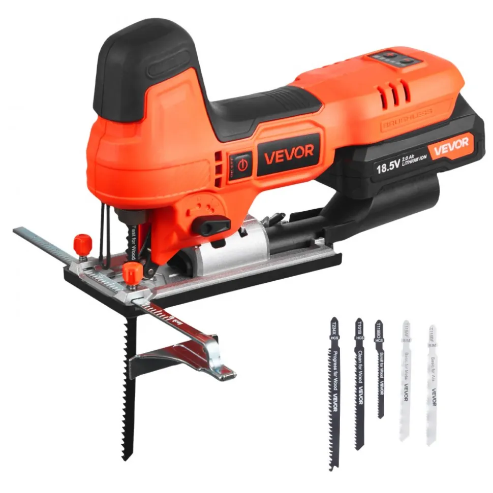 VEVOR Cordless Jig Saw, 20 V Brushless Motor, 3500 SPM Blade Speed, Cordless Jigsaw with 6 pcs Blades, LED Light, 6 Variable Speed, 0- 45° Bevel Cuts, 4 Orbital Settings for Straight/Circle Cutting