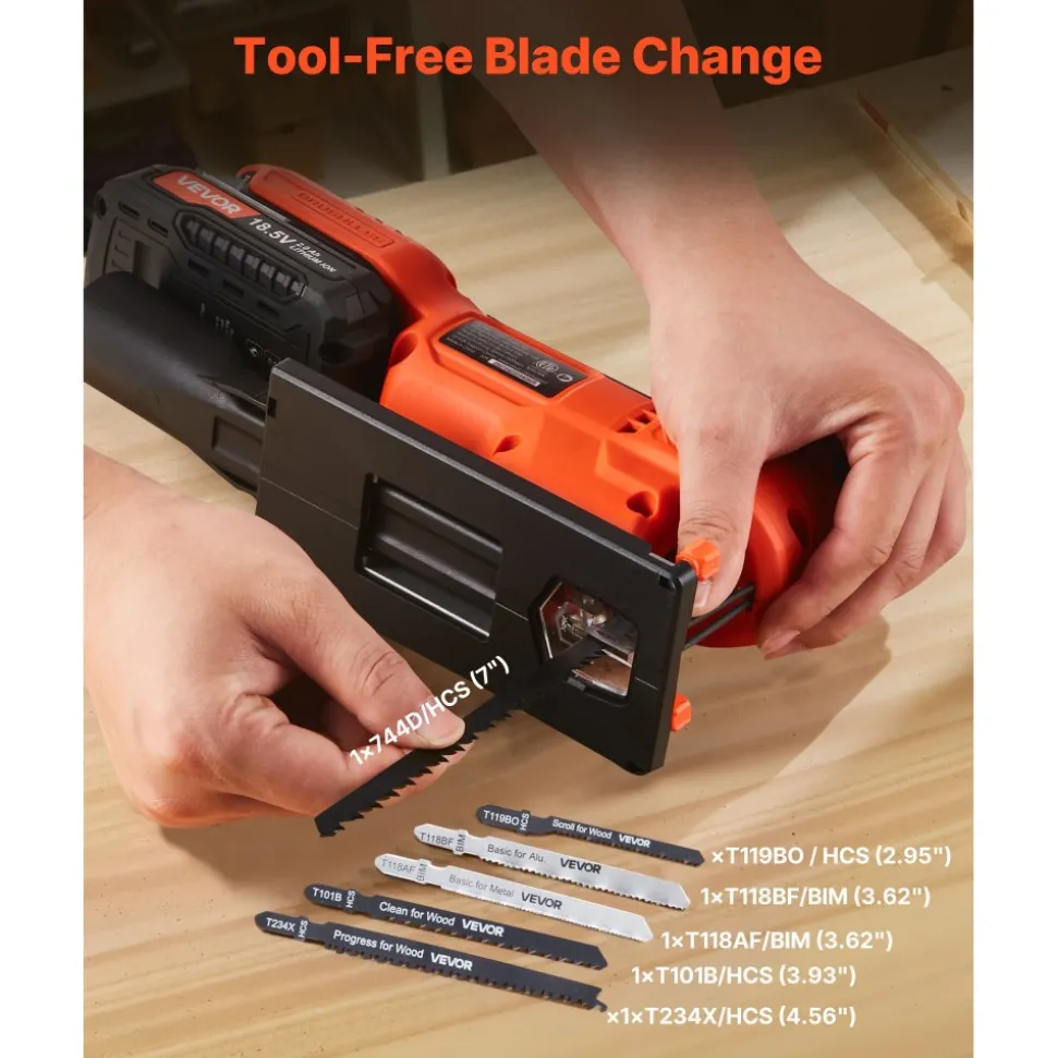 VEVOR Cordless Jig Saw, 20 V Brushless Motor, 3500 SPM Blade Speed, Cordless Jigsaw with 6 pcs Blades, LED Light, 6 Variable Speed, 0- 45° Bevel Cuts, 4 Orbital Settings for Straight/Circle Cutting