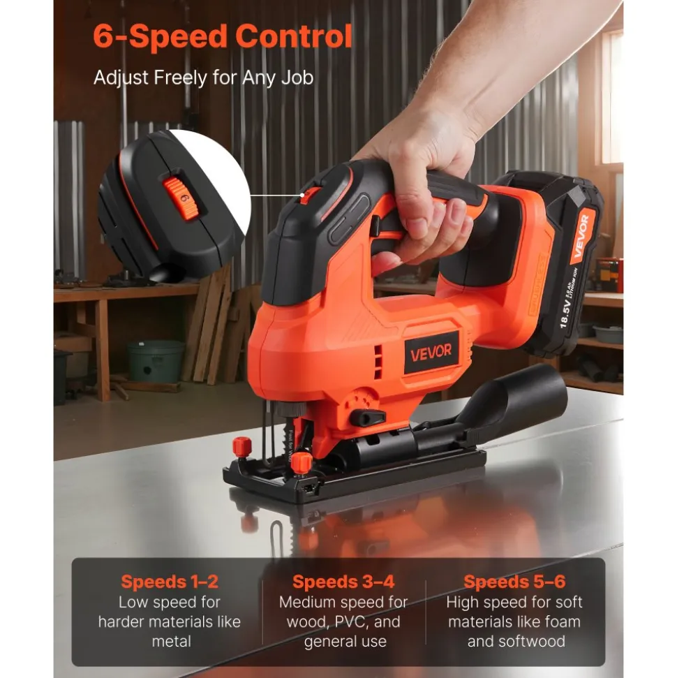 VEVOR Cordless Jig Saw, 20 V Brushless Motor, 3500 SPM Blade Speed, Cordless Jigsaw with 6 pcs Blades, LED Light, 6 Variable Speed, 0- 45° Bevel Cuts, 4 Orbital Settings, for Wood and Metal Cutting