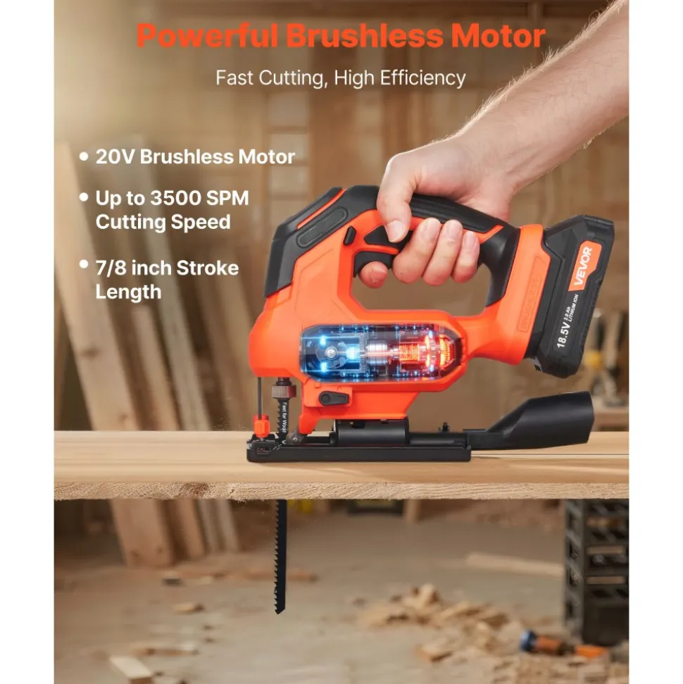 VEVOR Cordless Jig Saw, 20 V Brushless Motor, 3500 SPM Blade Speed, Cordless Jigsaw with 6 pcs Blades, LED Light, 6 Variable Speed, 0- 45° Bevel Cuts, 4 Orbital Settings, for Wood and Metal Cutting