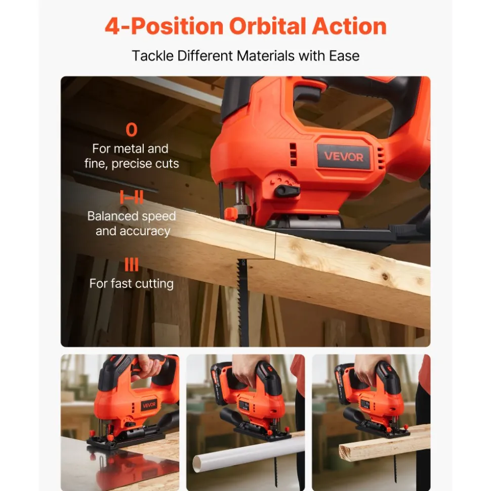VEVOR Cordless Jig Saw, 20 V, 3000 SPM Blade Speed, Cordless Jigsaw with Battery and Charger, LED Light, 6 Variable Speed, 0- 45° Bevel Cuts, with 6 pcs Blades, 4 Orbital Settings, for Wood, Metal