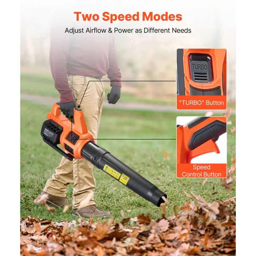VEVOR Cordless Leaf Blower, 20V Powerful Electric Leaf Blower with 2.0Ah Battery, Fast Charging & Quiet Operation, 2 Speed Control, 450 CFM/110 MPH Lightweight Powered Blowers for Leaves Lawn Care