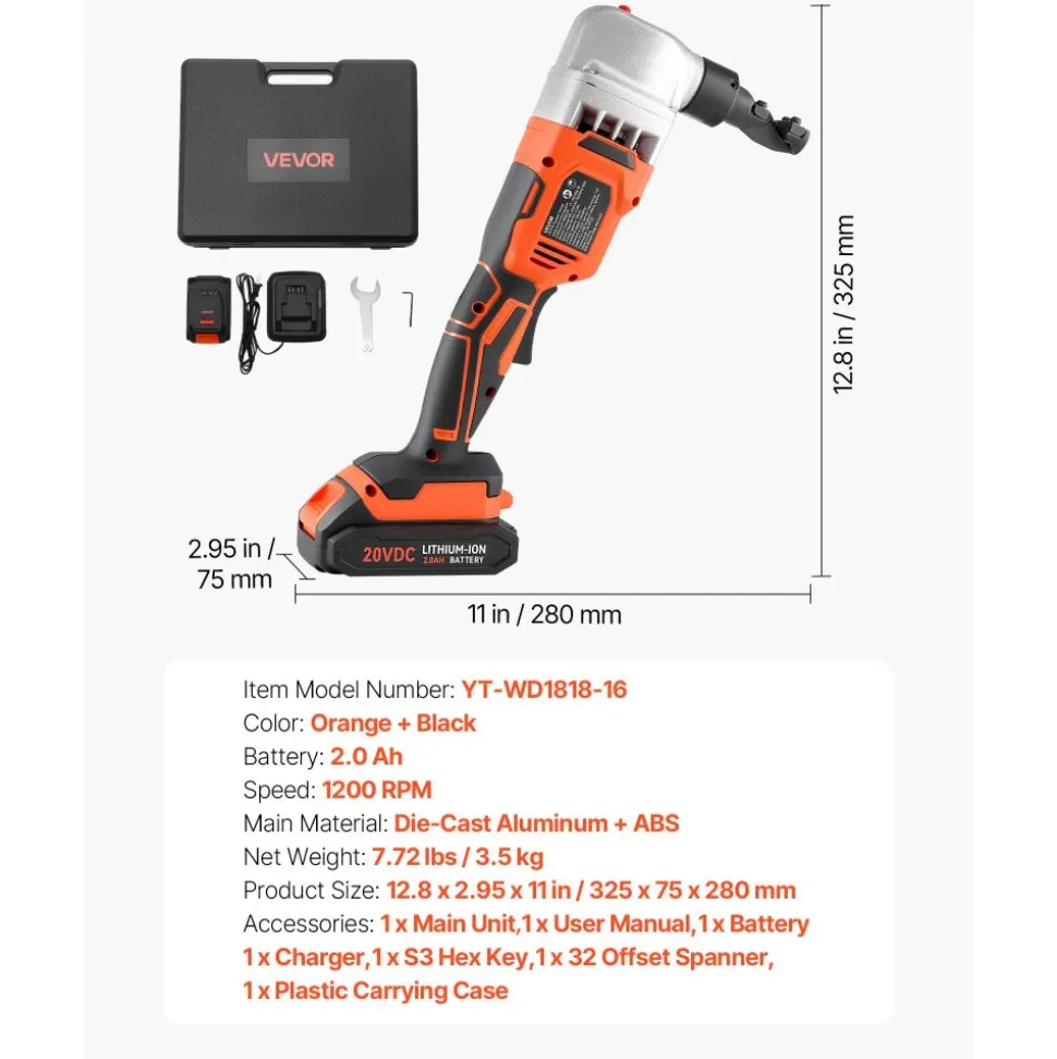 VEVOR Cordless Metal Nibbler, with 18 V 2000 mAh Battery, 1200 RPM Brushless Motor, Electric Nibbler Metal Cutter with Plastic Carrying Case for Cutting Stainless Steel, Aluminum, and Copper Sheet