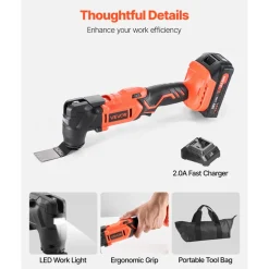 VEVOR Cordless Oscillating Tool, 20V Oscillating Multi Tool Kit with 6 Variable Speeds 8500 - 17000 OPM, 3.2° Oscillation Angle, 2.0Ah Battery Pack & Charger, 12PCS Saw Accessories & LED Work Light