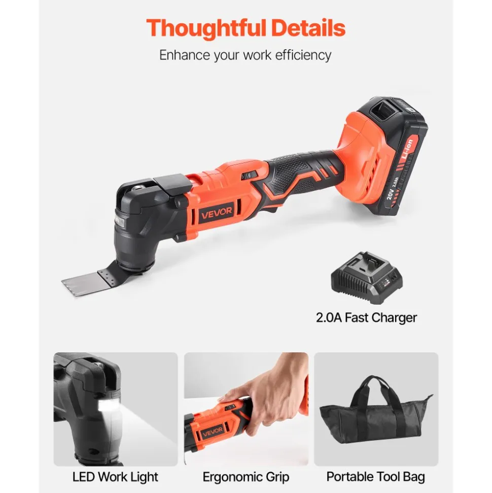 VEVOR Cordless Oscillating Tool, 20V Oscillating Multi Tool Kit with 6 Variable Speeds 8500 - 17000 OPM, 3.2° Oscillation Angle, 2.0Ah Battery Pack & Charger, 12PCS Saw Accessories & LED Work Light