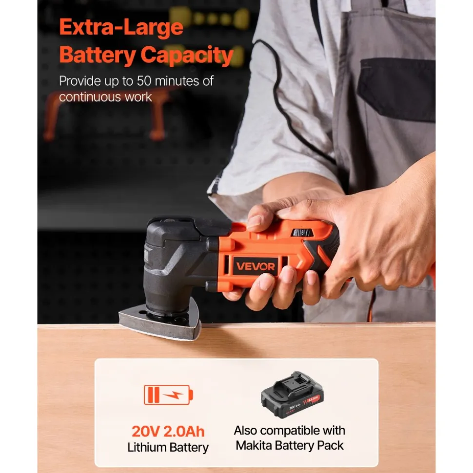 VEVOR Cordless Oscillating Tool, 20V Oscillating Multi Tool Kit with 6 Variable Speeds 8500 - 17000 OPM, 3.2° Oscillation Angle, 2.0Ah Battery Pack & Charger, 12PCS Saw Accessories & LED Work Light