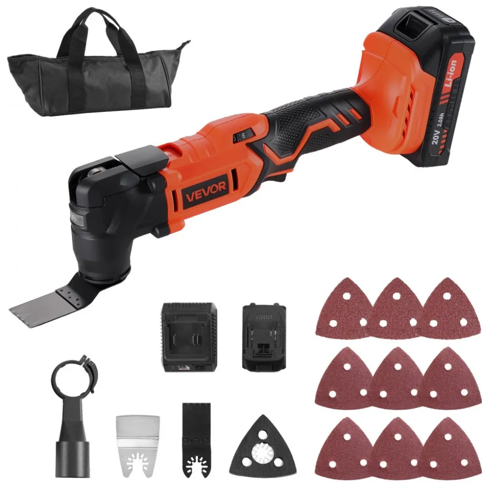 VEVOR Cordless Oscillating Tool, 20V Oscillating Multi Tool Kit with 6 Variable Speeds 8500 - 17000 OPM, 3.2° Oscillation Angle, 2.0Ah Battery Pack & Charger, 12PCS Saw Accessories & LED Work Light