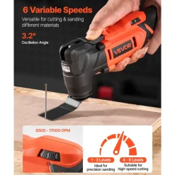 VEVOR Cordless Oscillating Tool, 20V Multitool Oscillating Tool with 6 Variable Speeds 8500 - 17000 OPM, 3.2° Oscillating Angle, 8PCS Saw Accessories & LED Work Light (Battery Pack Not Included)