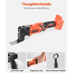 VEVOR Cordless Oscillating Tool, 20V Multitool Oscillating Tool with 6 Variable Speeds 8500 - 17000 OPM, 3.2° Oscillating Angle, 8PCS Saw Accessories & LED Work Light (Battery Pack Not Included)