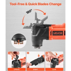 VEVOR Cordless Oscillating Tool, 20V Multitool Oscillating Tool with 6 Variable Speeds 8500 - 17000 OPM, 3.2° Oscillating Angle, 8PCS Saw Accessories & LED Work Light (Battery Pack Not Included)