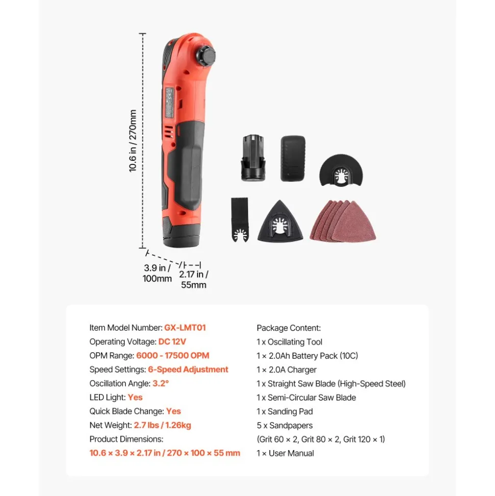 VEVOR Cordless Oscillating Tool, 12V Multitool Oscillating Saw Tool with 6 Variable Speeds 6000 - 17500 OPM, 3.2° Oscillation Angle, 2.0Ah Battery Pack & Charger, 8PCS Saw Accessories & LED Work Light