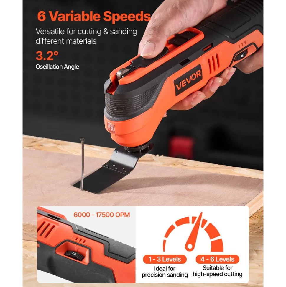 VEVOR Cordless Oscillating Tool, 12V Multitool Oscillating Saw Tool with 6 Variable Speeds 6000 - 17500 OPM, 3.2° Oscillation Angle, 2.0Ah Battery Pack & Charger, 8PCS Saw Accessories & LED Work Light